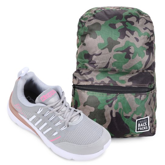 Kit Tênis Kappa Rex Feminino + Mochila Denlex - Cinza+Rosa Menor preço em Kit Tênis Kappa Rex Feminino + Mochila Denlex - Cinza+Rosa