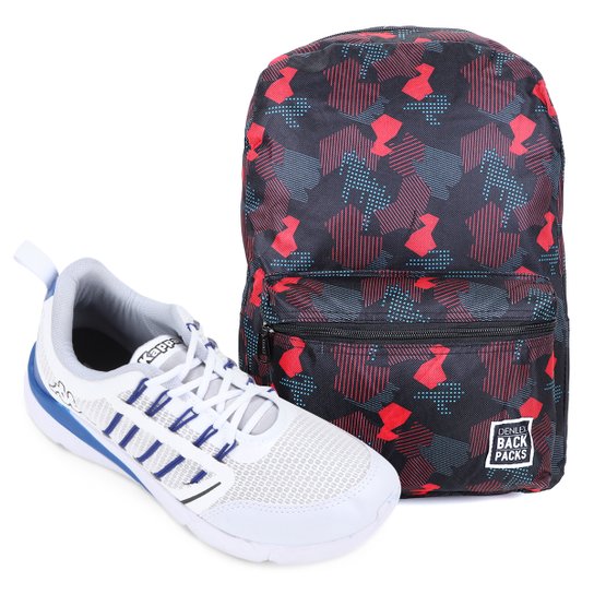 Kit Tênis Kappa Rex Masculino + Mochila Denlex - Branco+Azul Menor preço em Kit Tênis Kappa Rex Masculino + Mochila Denlex - Branco+Azul