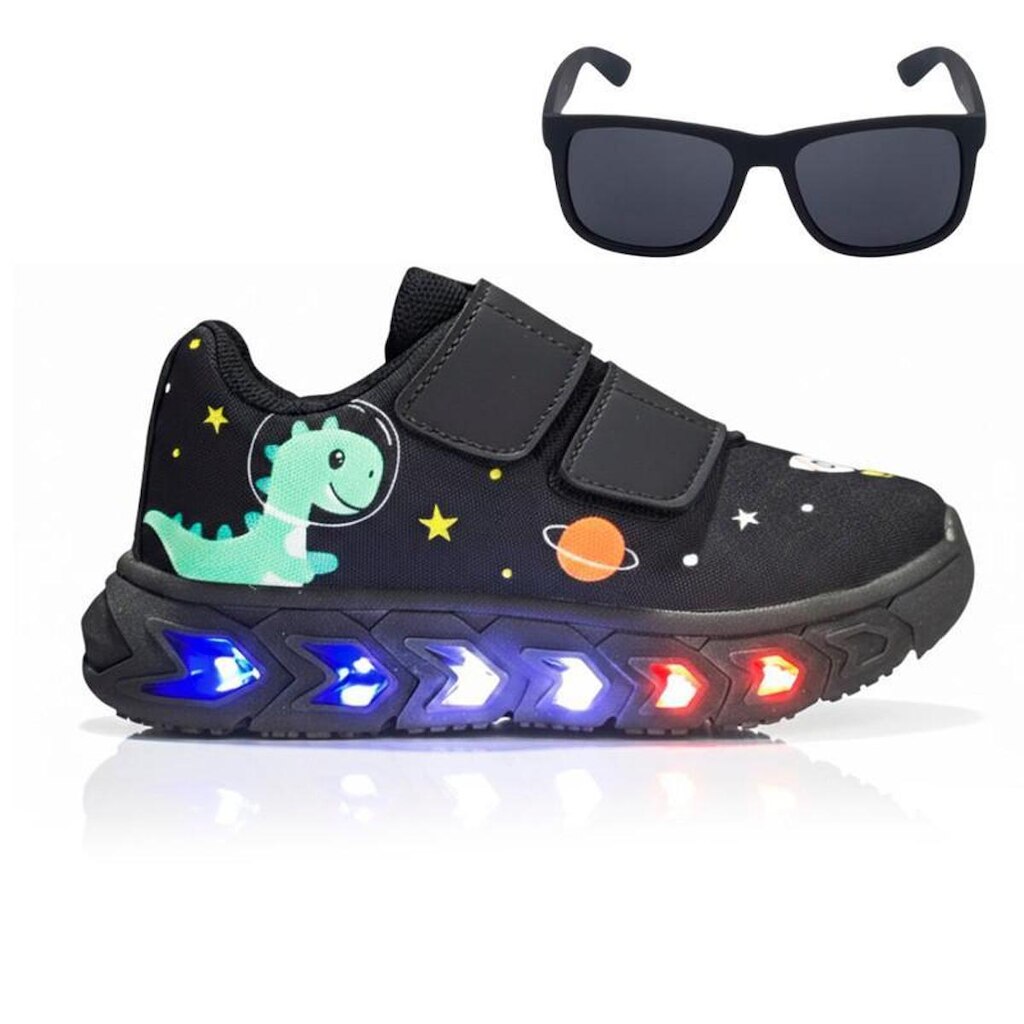 Kit Tênis Led Infantil Dino Meninos Leve e Macio + Óculos