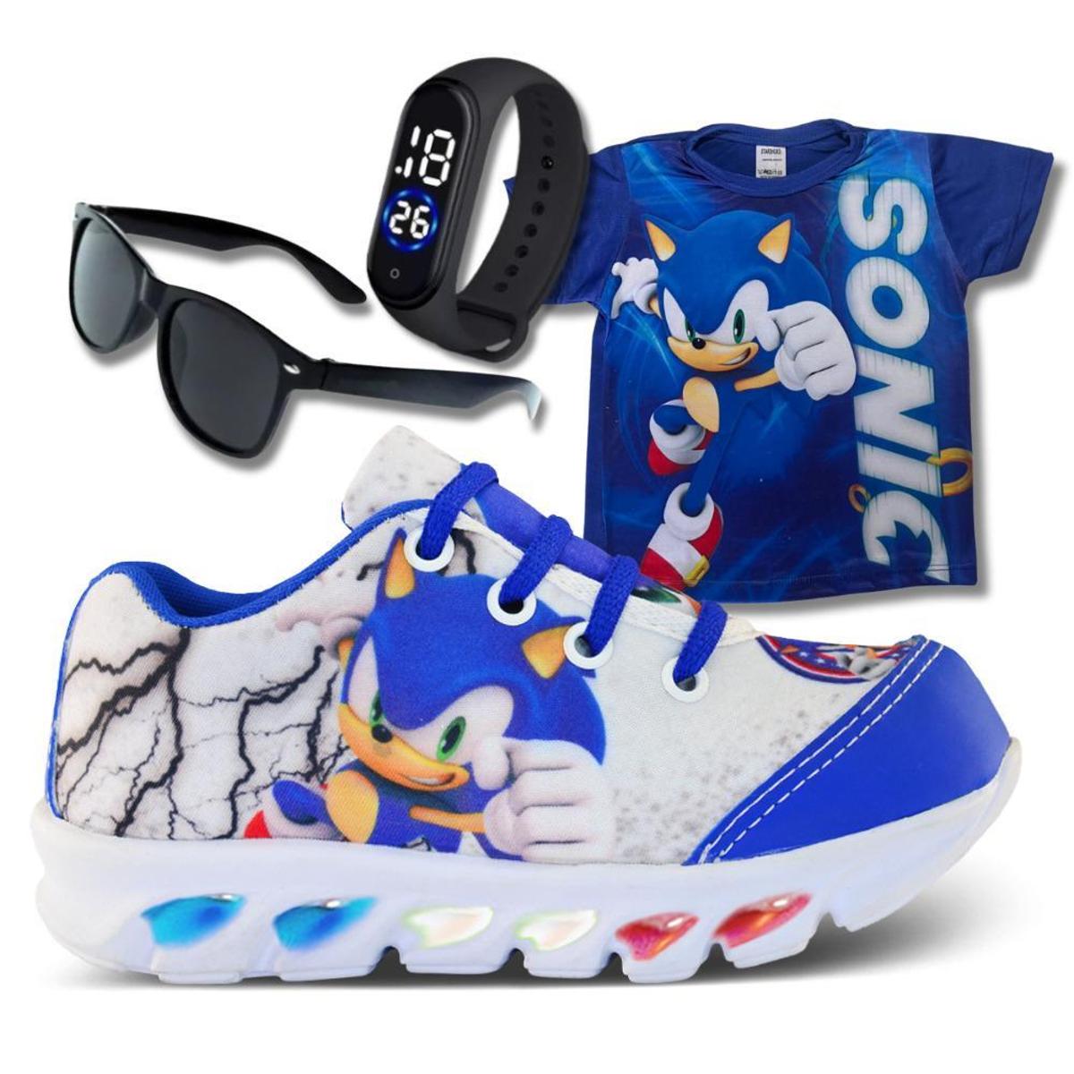 Kit Tênis Led Infantil Menino Masculino Sonic + Camisa + Relógio + Óculos Menor preço em Kit Tênis Led Infantil Menino Masculino Sonic + Camisa + Relógio + Óculos