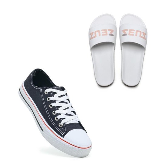 Kit Tênis Macio Esporte + Chinelo Slide Conforto - Preto+Branco Menor preço em Kit Tênis Macio Esporte + Chinelo Slide Conforto - Preto+Branco
