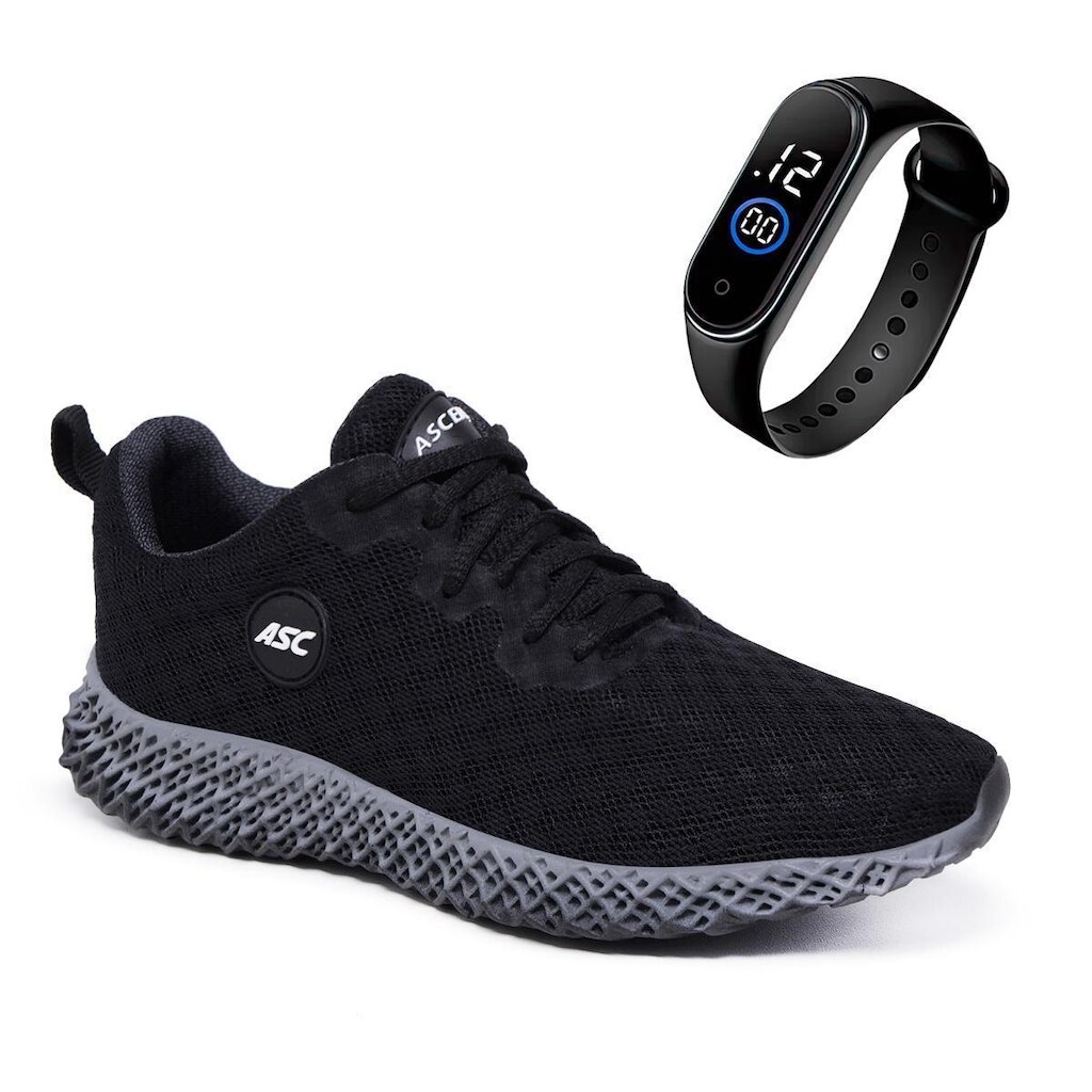 Kit Tenis Maculino Confotavel com Relogio Digital para Treinos, Caminhadas e Dia a Dia