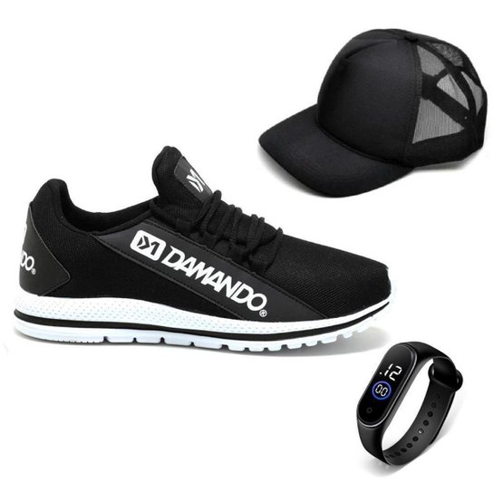 Kit Tênis Masculino Esporte Academia Caminhada Ultraleve Nylon Confortável + Relógio + Boné - Preto Menor preço em Kit Tênis Masculino Esporte Academia Caminhada Ultraleve Nylon Confortável + Relógio + Boné - Preto