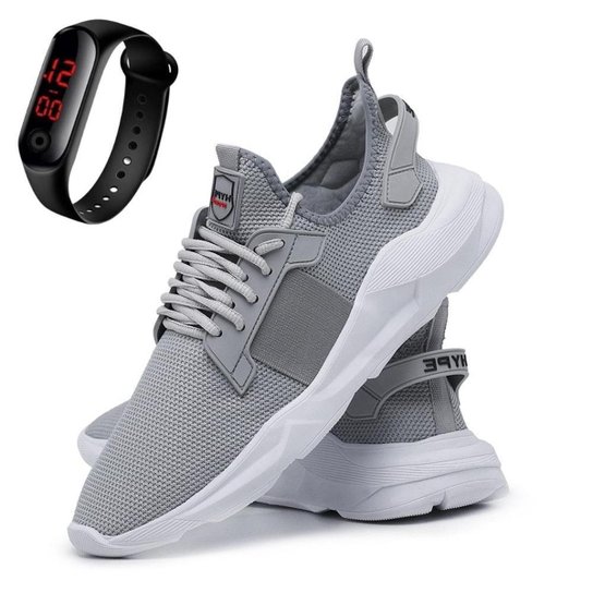 Kit Tenis Masculino Esporte Palmilha EVA Macia Com Relogio Digital - Cinza Menor preço em Kit Tenis Masculino Esporte Palmilha EVA Macia Com Relogio Digital - Cinza