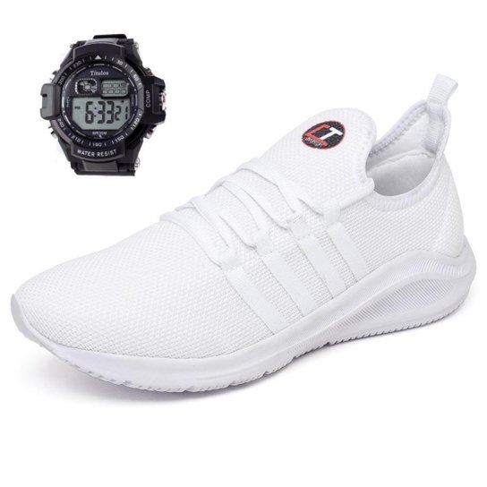 Kit Tênis Masculino Feminino Ultra Leve Academia Corrida Caminhada Confortável + Relógio Sport - Branco Menor preço em Kit Tênis Masculino Feminino Ultra Leve Academia Corrida Caminhada Confortável + Relógio Sport - Branco