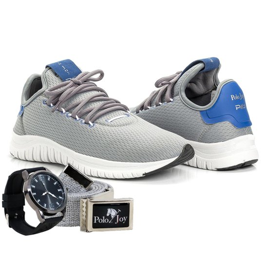 Kit Tênis Masculino Polo Joy Sport + Relógio E Cinto - Cinza Menor preço em Kit Tênis Masculino Polo Joy Sport + Relógio E Cinto - Cinza