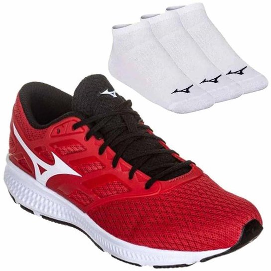 Kit Tênis Mizuno Action Masculino + 3 Pares de Me - Vermelho+Preto Menor preço em Kit Tênis Mizuno Action Masculino + 3 Pares de Me - Vermelho+Preto