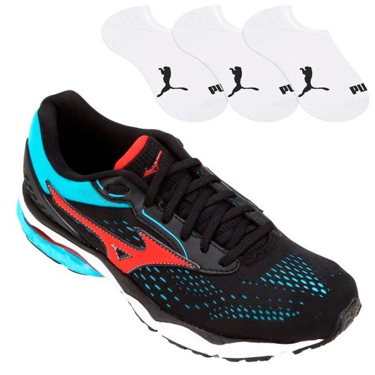 Kit Tênis Mizuno Wave Mirai 3 + 3 Pares De Meia Puma - Preto+Azul Cla - 39 - Preto+Azul Menor preço em Kit Tênis Mizuno Wave Mirai 3 + 3 Pares De Meia Puma - Preto+Azul Cla - 39 - Preto+Azul