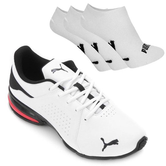 Kit Tênis Puma Viz Runner BDP Masculino + 3 Pares - Branco+Vermelho Menor preço em Kit Tênis Puma Viz Runner BDP Masculino + 3 Pares - Branco+Vermelho