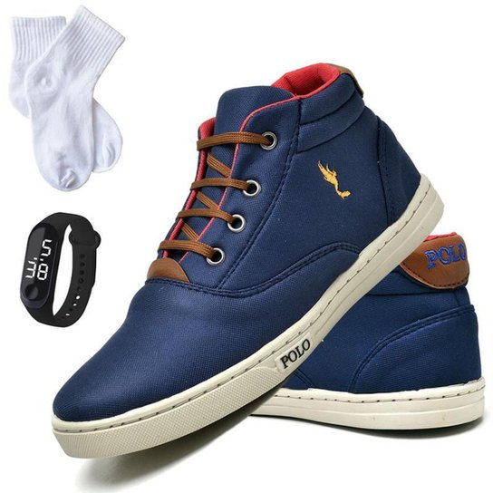 Kit Tenis Sapatenis Infantil PoloBlu Masculino Sapatenis Cano Alto Bota Relógio Digital e Meia - Azul Menor preço em Kit Tenis Sapatenis Infantil PoloBlu Masculino Sapatenis Cano Alto Bota Relógio Digital e Meia - Azul
