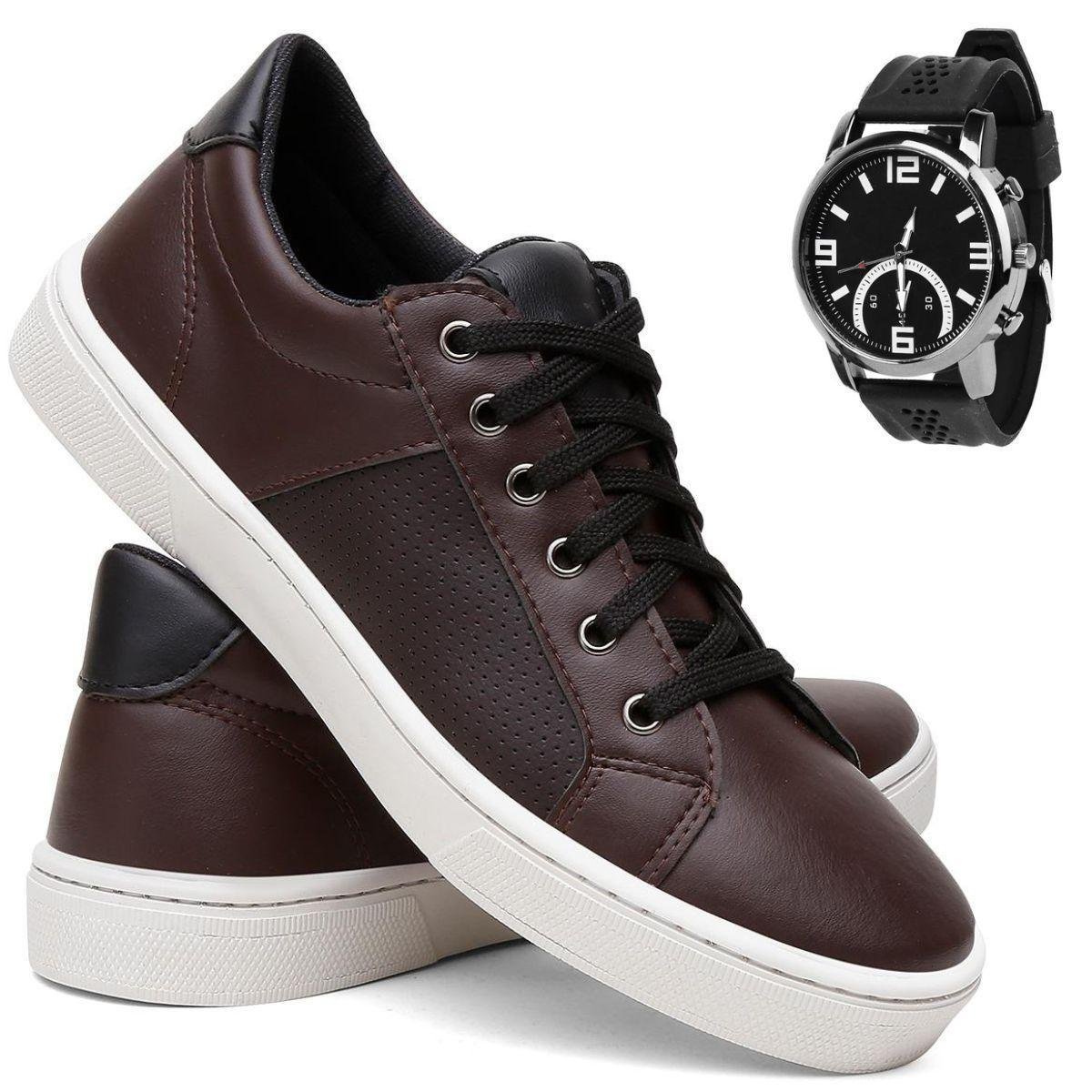 Kit Tênis Sapatênis Masculino Casual De Couro Confortável Leve Cano Baixo Cadarço + Relógio Menor preço em Kit Tênis Sapatênis Masculino Casual De Couro Confortável Leve Cano Baixo Cadarço + Relógio