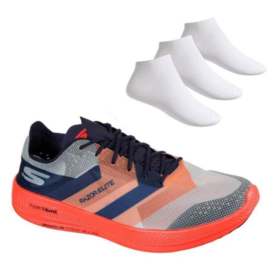 Kit Tênis Skechers Go Run Razor 3 Elite Masculino - Marinho+Laranja Menor preço em Kit Tênis Skechers Go Run Razor 3 Elite Masculino - Marinho+Laranja