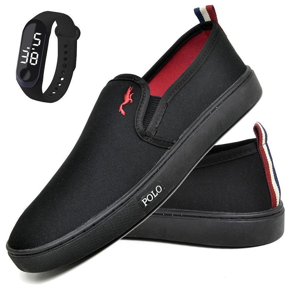Kit Tênis Slip On Masculino Lona + Relógio Digital Casual