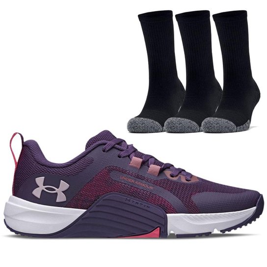 Kit Tênis Treino Feminino Tribase Reps e Meias 3 Pares -Under Armour - Roxo Menor preço em Kit Tênis Treino Feminino Tribase Reps e Meias 3 Pares -Under Armour - Roxo
