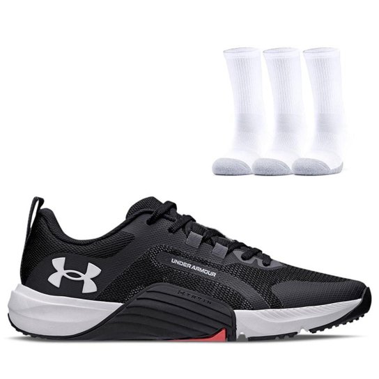 Kit Tênis Treino Masculino Feminino Tribase Reps e Pct Meias Under Armour - Preto Menor preço em Kit Tênis Treino Masculino Feminino Tribase Reps e Pct Meias Under Armour - Preto