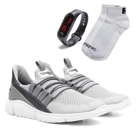 Kit Tênis Venetto Caminhada Leve + Relógio Digital + Meia - Cinza Menor preço em Kit Tênis Venetto Caminhada Leve + Relógio Digital + Meia - Cinza