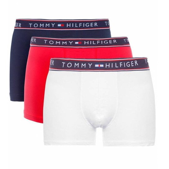 Kit Tommy Hilfiger com 3 Cuecas Boxer Logo Masculino - Marinho e Branco e Vermelho - Marinho+Branco Menor preço em Kit Tommy Hilfiger com 3 Cuecas Boxer Logo Masculino - Marinho e Branco e Vermelho - Marinho+Branco