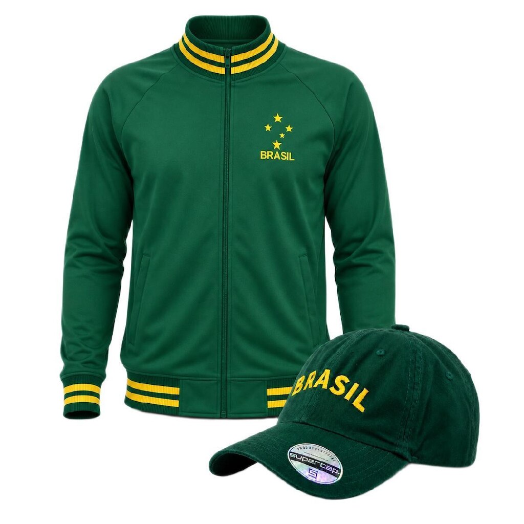 Kit Torcedor Jaqueta Brasil Estrelas Olden + Boné Brasil Verde - Masculino