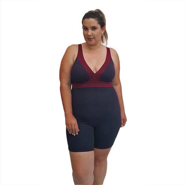 Kit Touca e Macaquinho Natação Plus Size com Sustentação Light Preto com Detalhe em Marsala