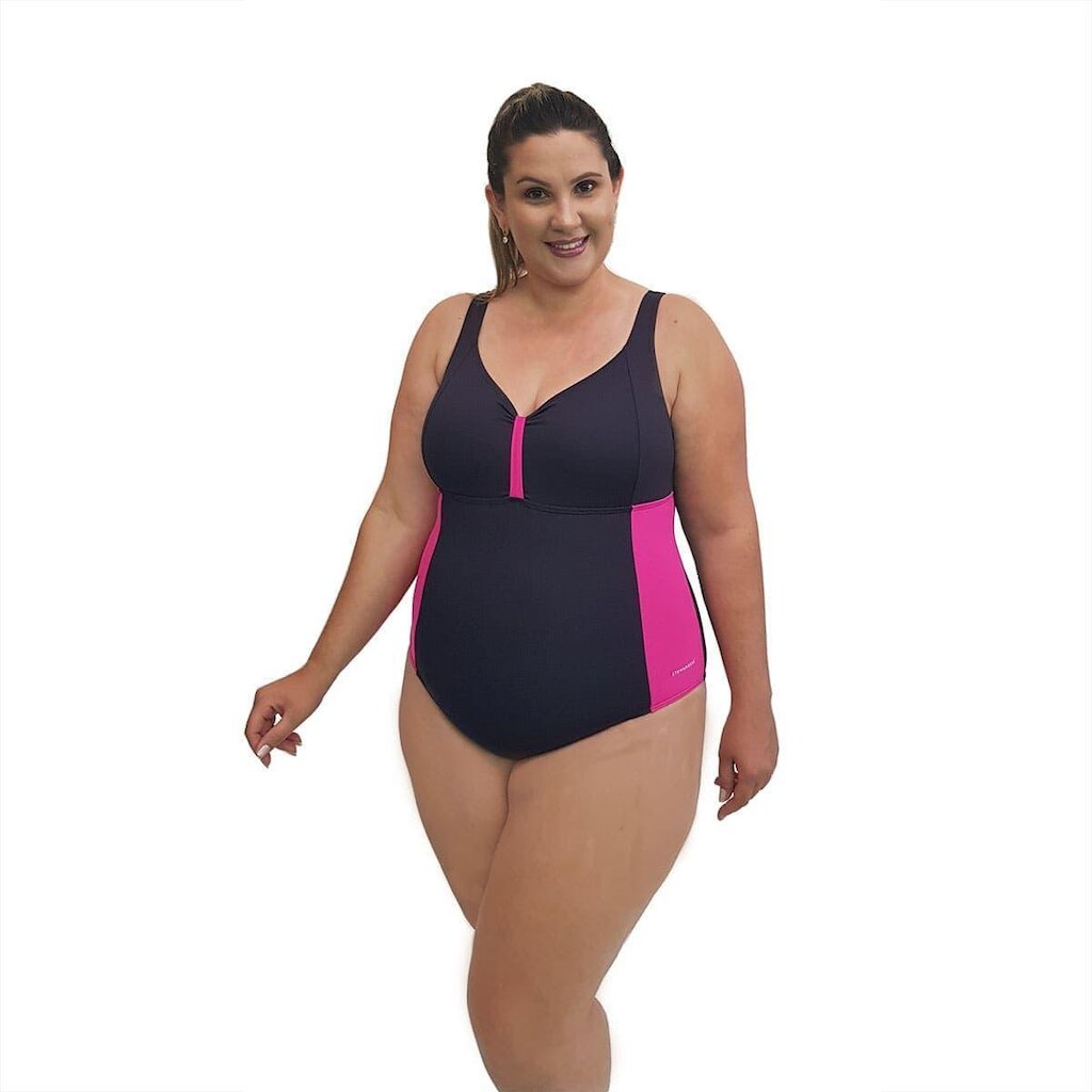 Kit Touca e Maiô Natação Plus Size com Sustentação Light UV 50+ Preto com Detalhe em Pink