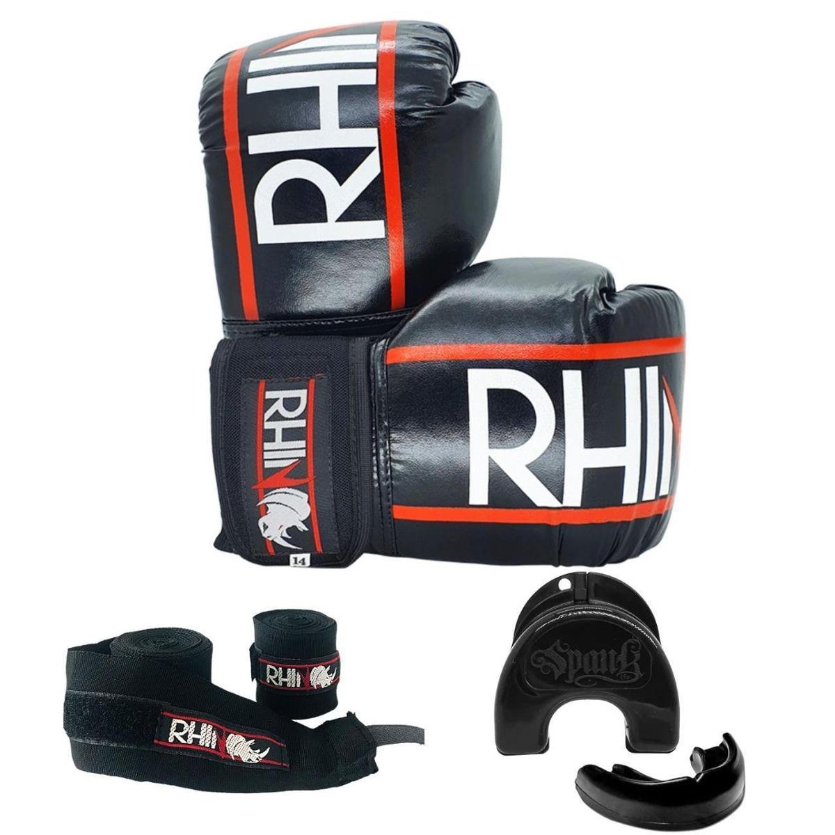 Kit Treino Boxe Kickboxing Rhino com Luva - Bandagem - Bucal - 12oz Menor preço em Kit Treino Boxe Kickboxing Rhino com Luva - Bandagem - Bucal - 12oz