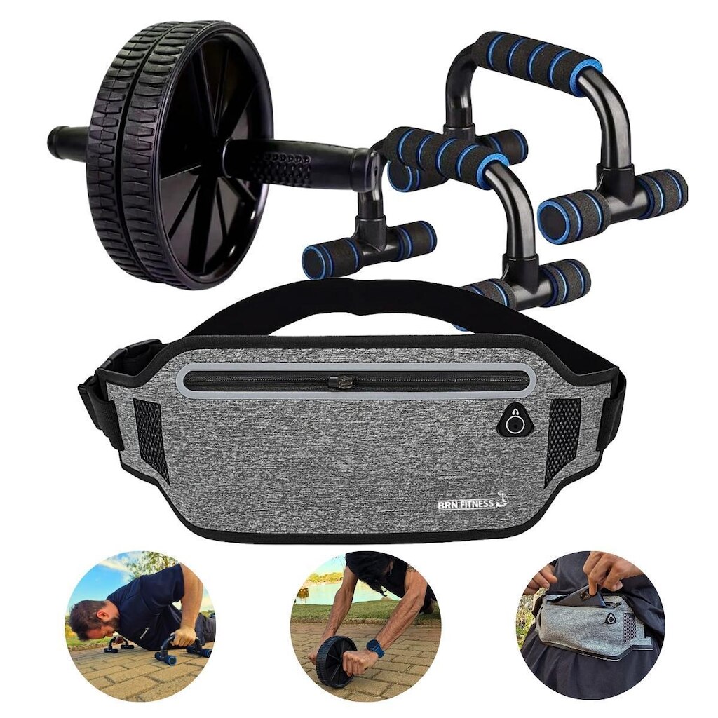 Kit Treino Roda + Suporte para Flexão + Pochete Impermeável