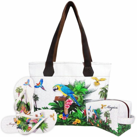 Kit Tropical Feminino Araras com Bolsa, Necessaire e Chinelo, Magicc - Branco Menor preço em Kit Tropical Feminino Araras com Bolsa, Necessaire e Chinelo, Magicc - Branco