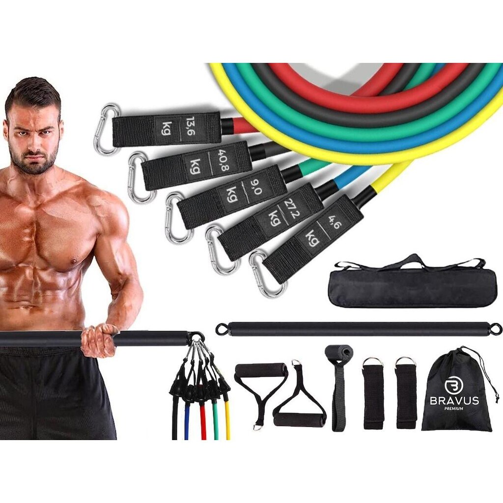 Kit Tubing Premium Extreme Elástico Extensor com Barra de Exercícios Bravus Sport