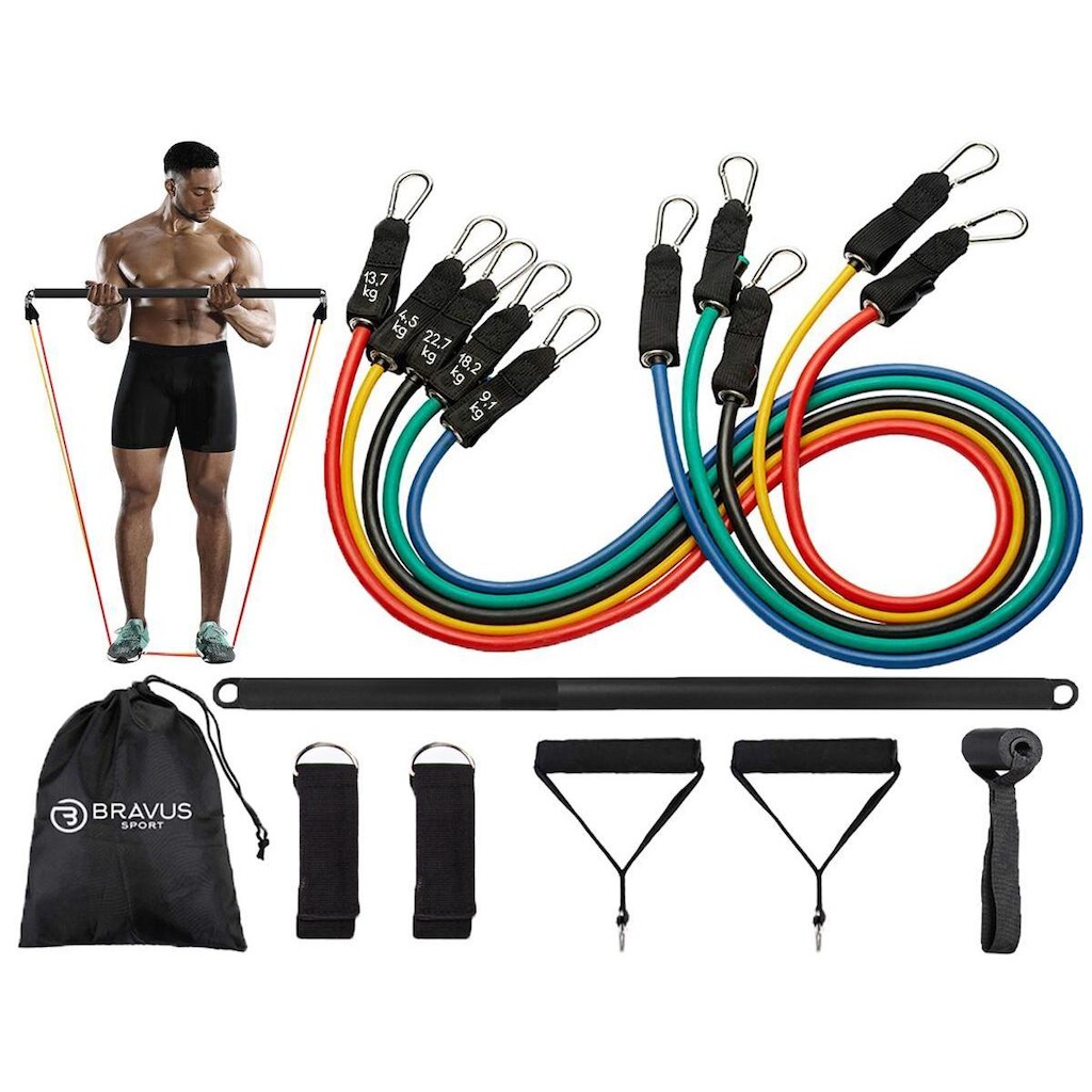 Kit Tubing Pro Elástico Extensor 68kg com Barra de Exercícios Bravus Sport
