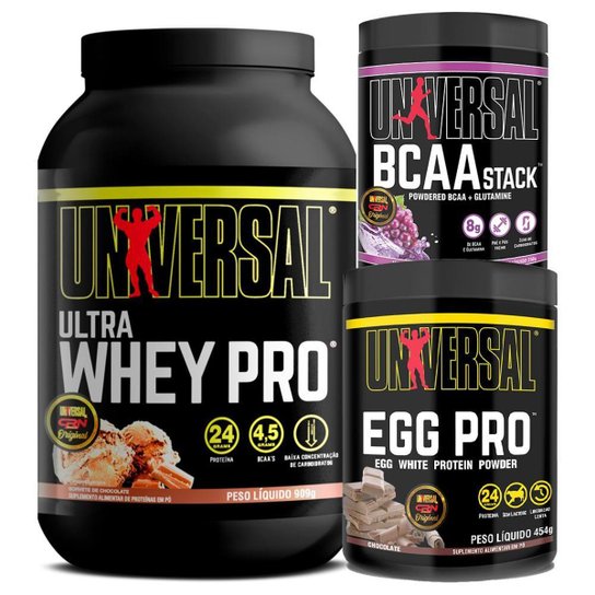 Kit Ultra Whey Pro 900g + Egg Pro 454g + BCAA Stack 250g - Universal Menor preço em Kit Ultra Whey Pro 900g + Egg Pro 454g + BCAA Stack 250g - Universal