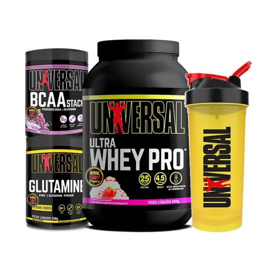 Kit Ultra Whey Pro 900g + Glutamina + BCAA Stack 300g + Coqueteleira - Universal Menor preço em Kit Ultra Whey Pro 900g + Glutamina + BCAA Stack 300g + Coqueteleira - Universal