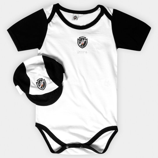 Kit Vasco Infantil c/ Body Bicolor e Boné - Preto+Branco