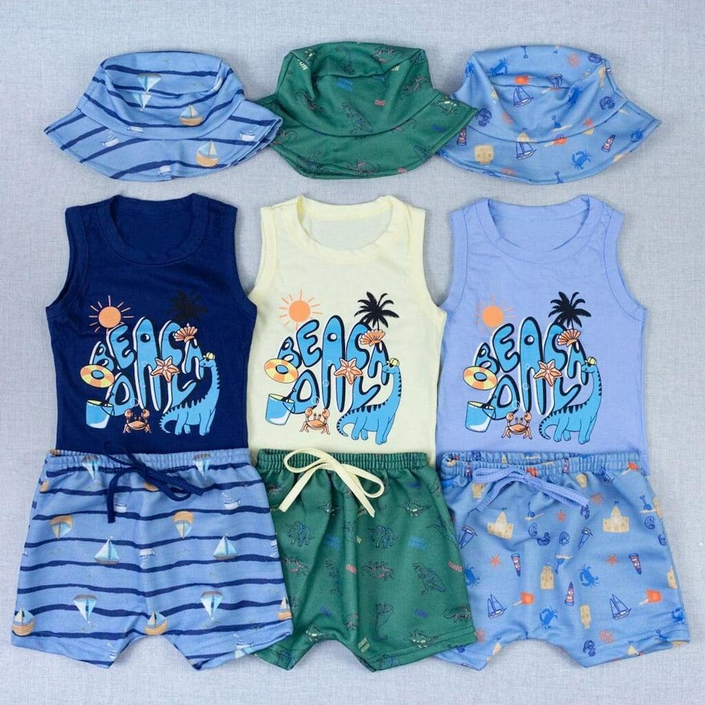 Kit Verão Bebê Regata Estampada, Bermuda E Chapéu Bucket