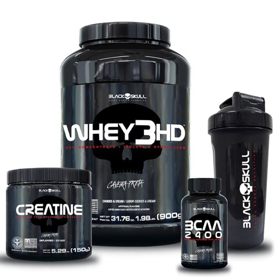 Kit Whey 3HD 900g + Bcaa + Creatina + Shaker 600ml -