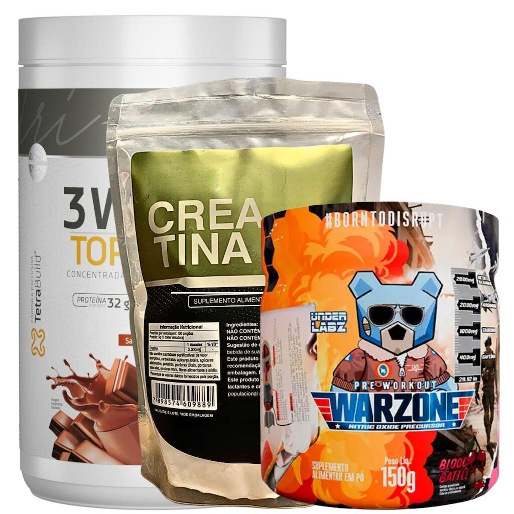 Kit Whey 3W Body Action + Warzone Under Labz + Creatina 500g
