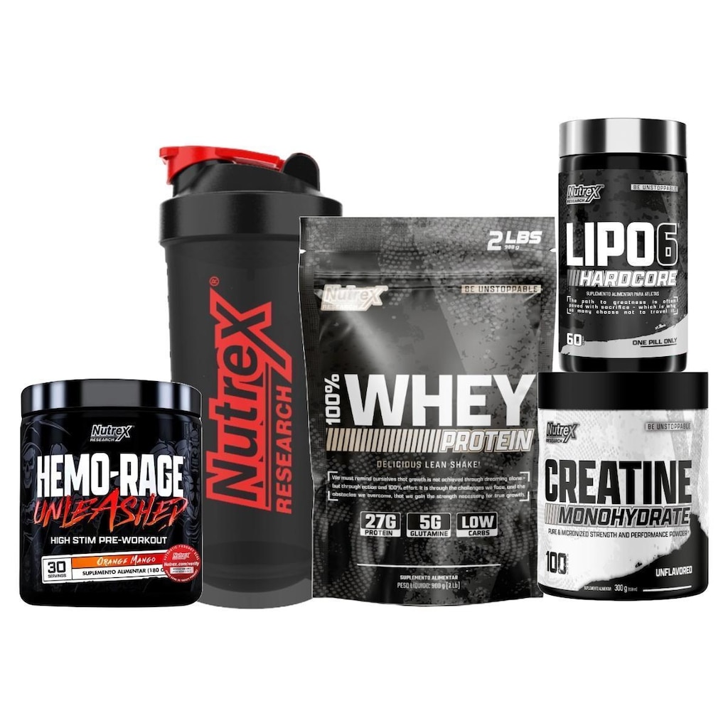 Kit Whey 900g+ Hemo-Rage+ Creatina+ Termogênico + Coq Nutrex