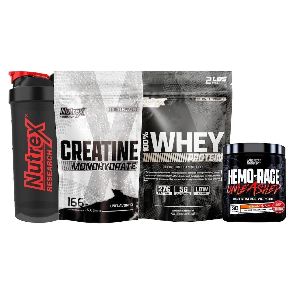 Kit Whey 900g + Pré-treino + Creatina + Coqueteleira Nutrex