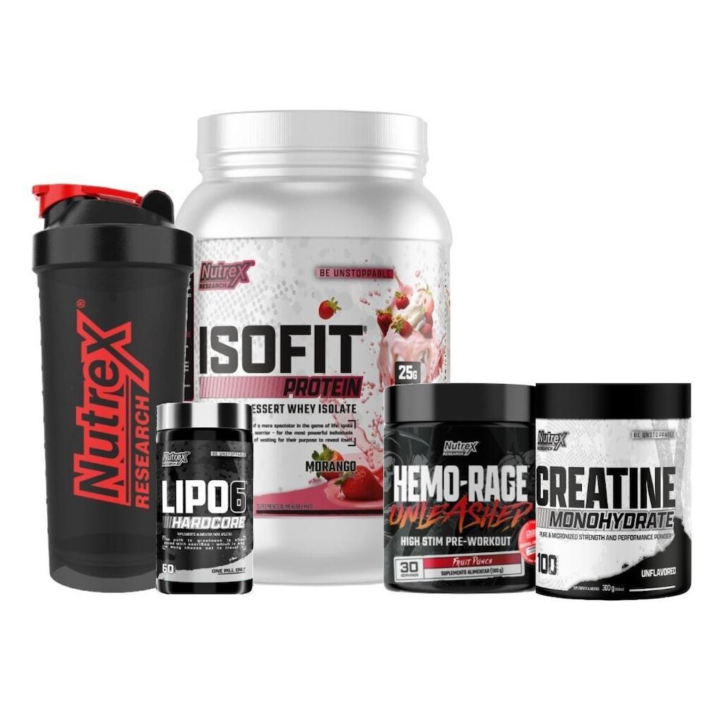 Kit Whey 900g + Prétreino + Creatina + Termogênico + Coquet.