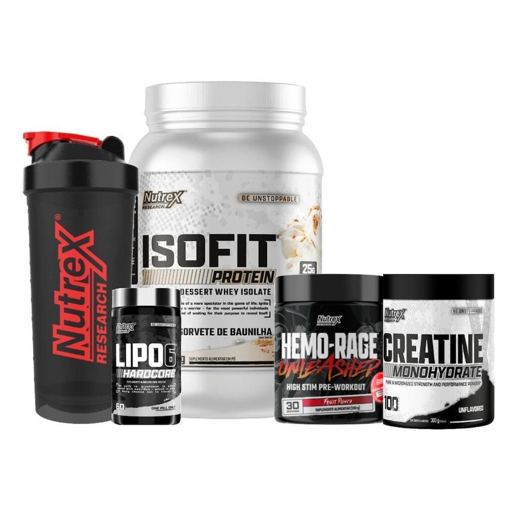 Kit Whey 900g + Prétreino + Creatina + Termogênico + Coquet.