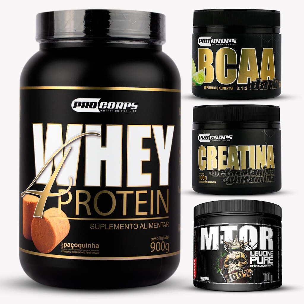 Kit Whey Beta 4 Protein 900g + Bcaa + Creatina + M-tor