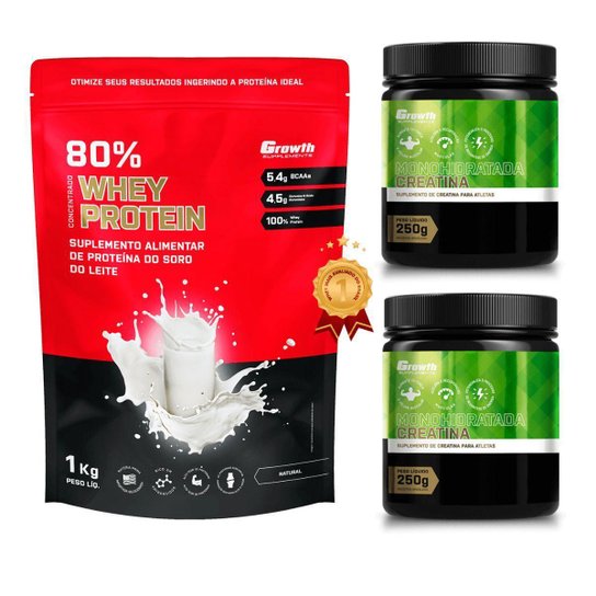 Kit Whey Concentrado Growth 1kg Sabores + 2x Creatina 250g Menor preço em Kit Whey Concentrado Growth 1kg Sabores + 2x Creatina 250g