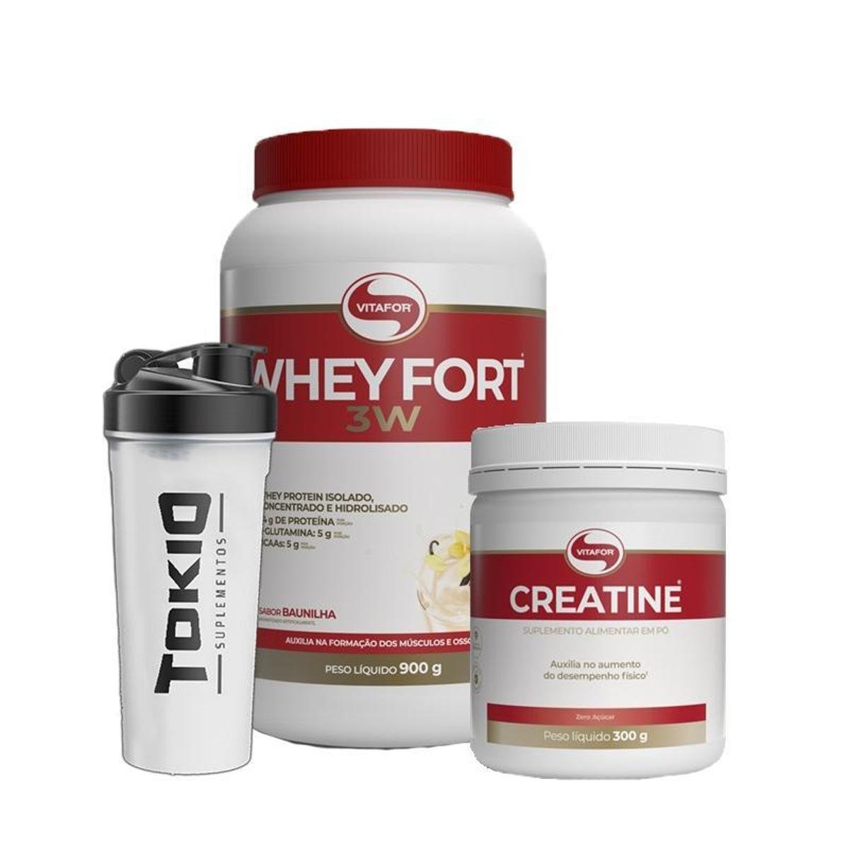 Kit Whey Fort 3W 900g Creatina 300g Vitafor Coqueteleira Tokio