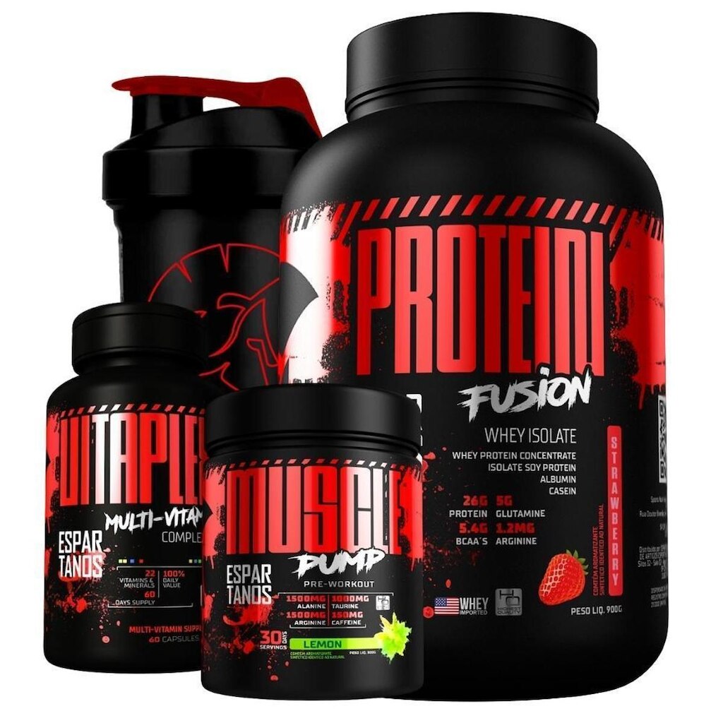 Kit Whey Fusion + Pré Treino + Multivitamínico + Shaker