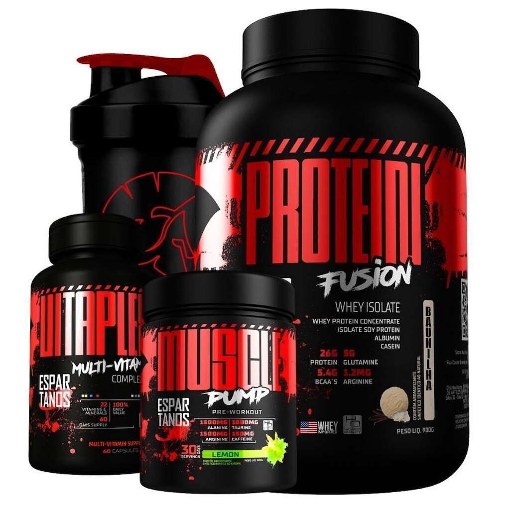 Kit Whey Fusion + Pré Treino + Multivitamínico + Shaker