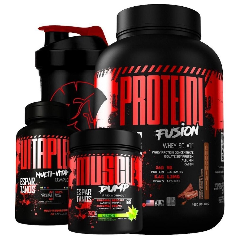 Kit Whey Fusion + Pré Treino + Multivitamínico + Shaker