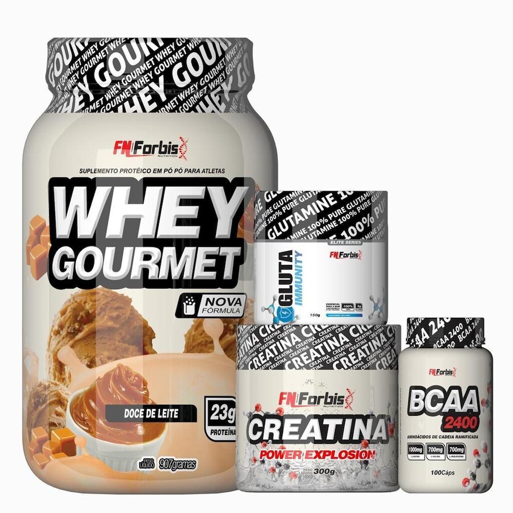 Kit Whey Gourmet Pote + Creatina 300g + Glutamina 150g + BCAA 100 cáps - FN Forbis