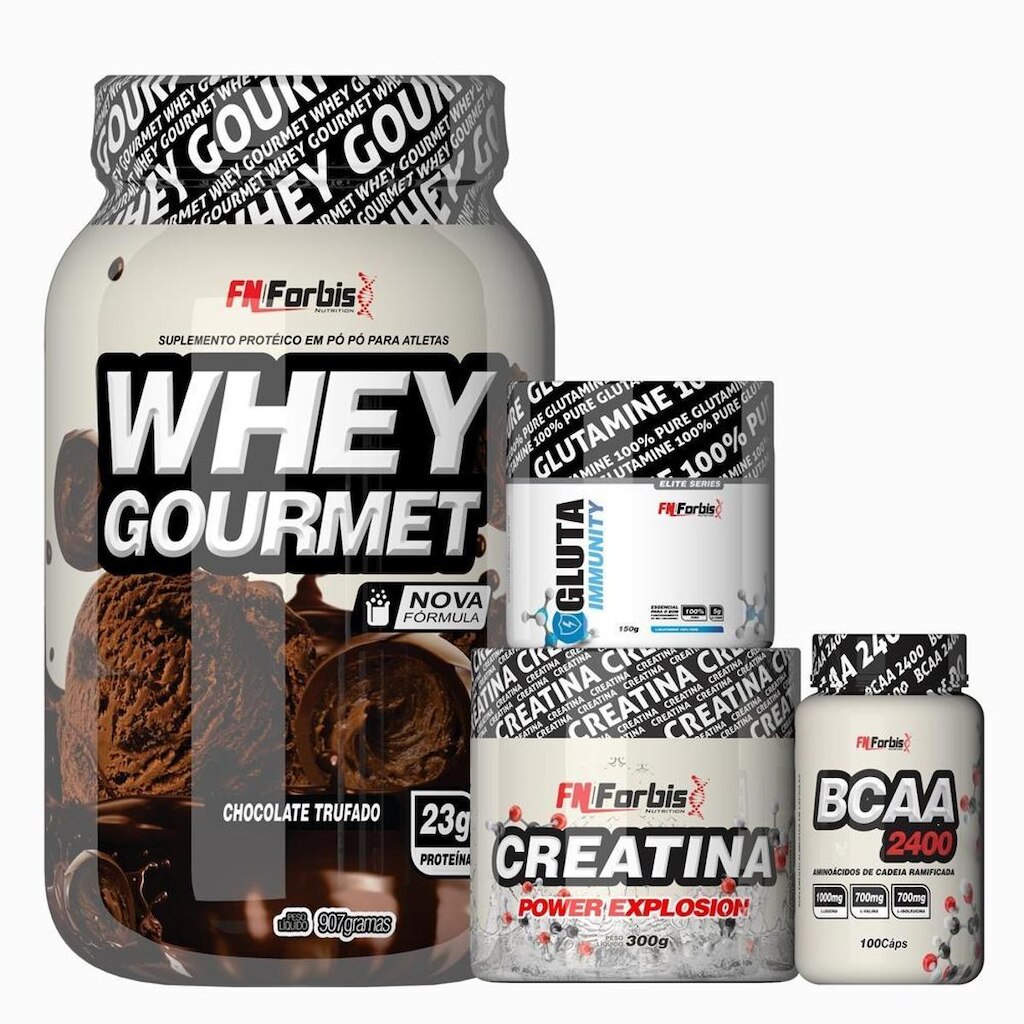 Kit Whey Gourmet Pote + Creatina 300g + Glutamina 150g + BCAA 100 cáps - FN Forbis