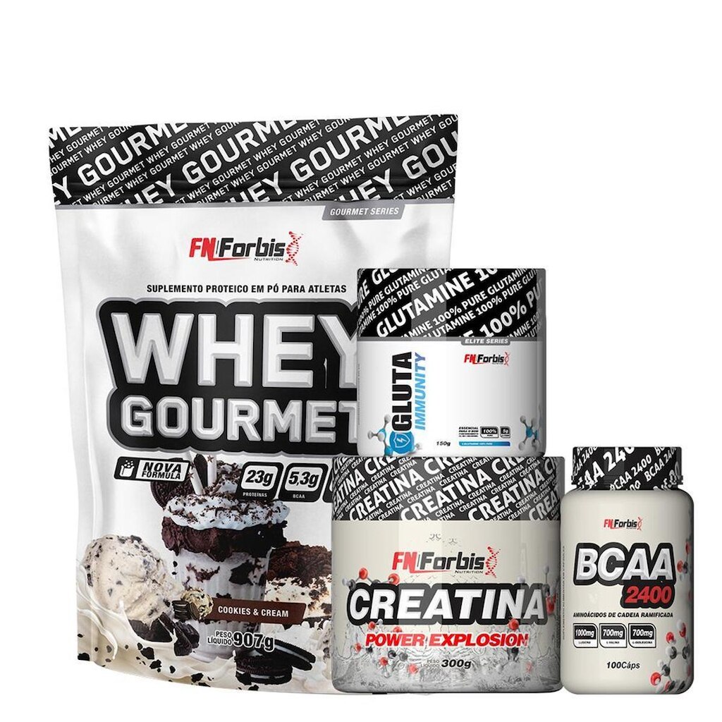 Kit Whey Gourmet Refil + Creatina 300g + Glutamina 150g + BCAA 100 cáps - FN Forbis