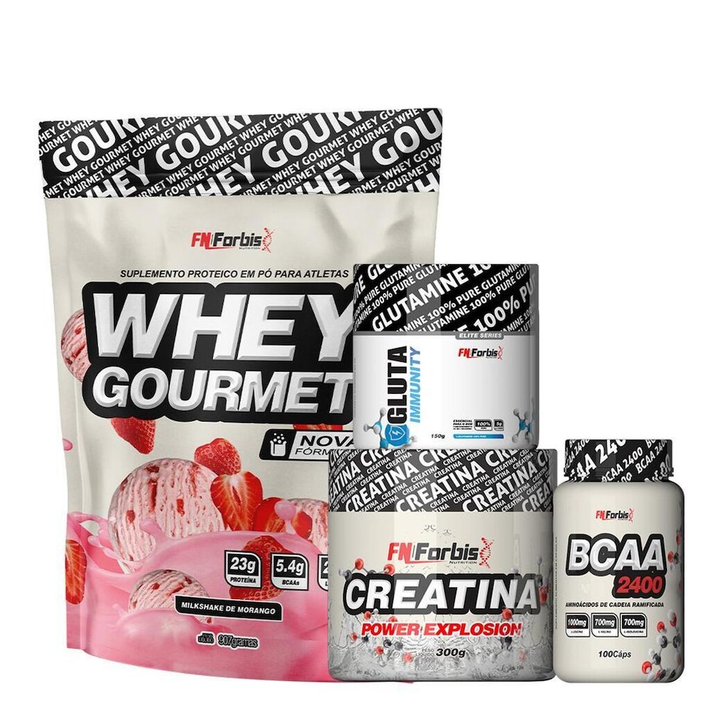 Kit Whey Gourmet Refil + Creatina 300g + Glutamina 150g + BCAA 100 cáps - FN Forbis