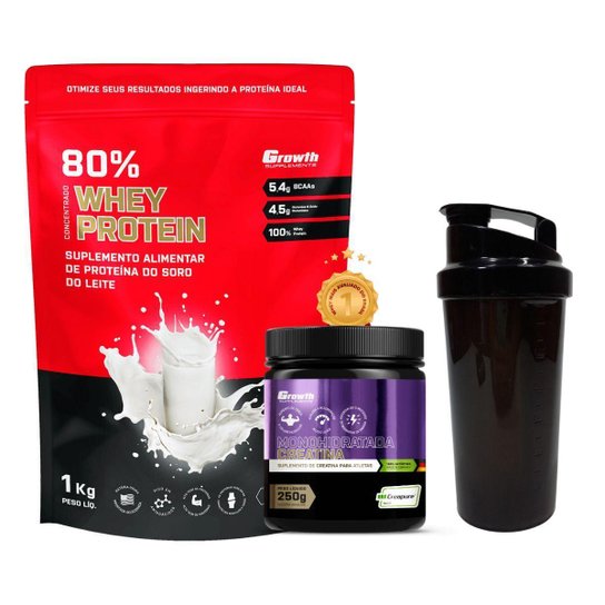 Kit Whey Growth 1kg + Creatina Creapure 250g + Coqueteleira Menor preço em Kit Whey Growth 1kg + Creatina Creapure 250g + Coqueteleira